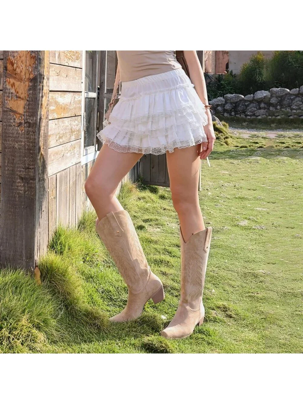 Women's Suede Apricot Cowboy Knee High Cowgirl Boots Pointed Toe Chunky Heels